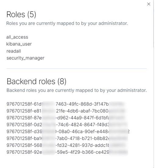 The roles for the logged in user present the assigned permissions, and associated backend roles.
